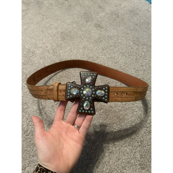 TONY LAMA brown leather belt 36 unisex‎ western cross heavy cowboy Cowgirl - Picture 1 of 7